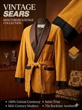 Vtg 70s Sears Mustard Corduroy Smoking Jacket Robe Large Satin Trim Gold